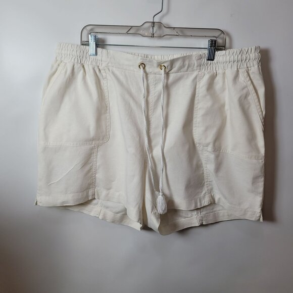 Cato White Linen Elastic Waist Drawstring Shorts Size 18/20W Pockets - Picture 1 of 10
